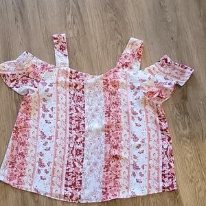 Womens New York & Company Pink & White Flowery Off The Shoulder Blouse Small